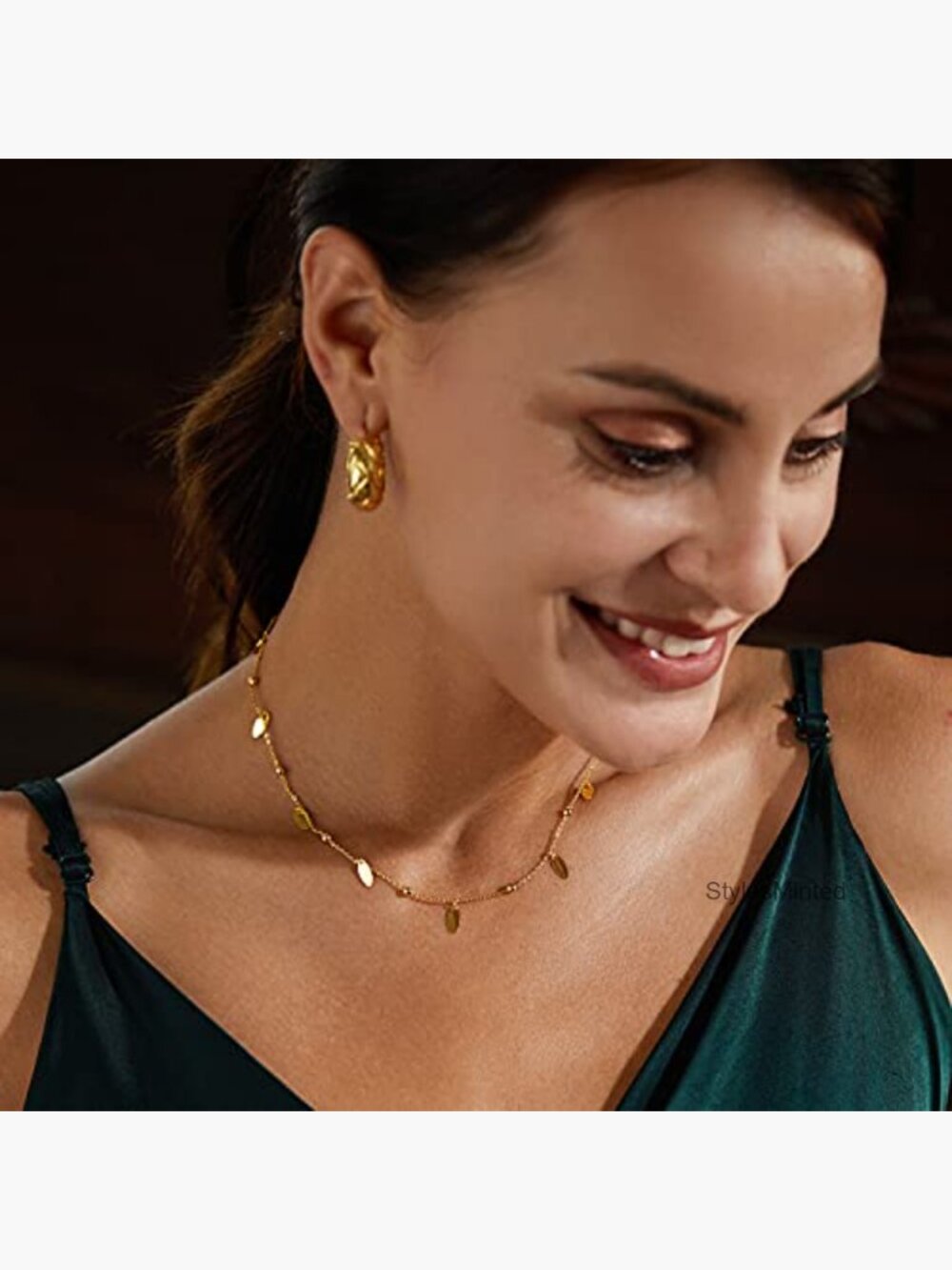 Dainty Layered Choker Necklace 18k Gold Plated Y Pendant Adjustable - Picture 4 of 7